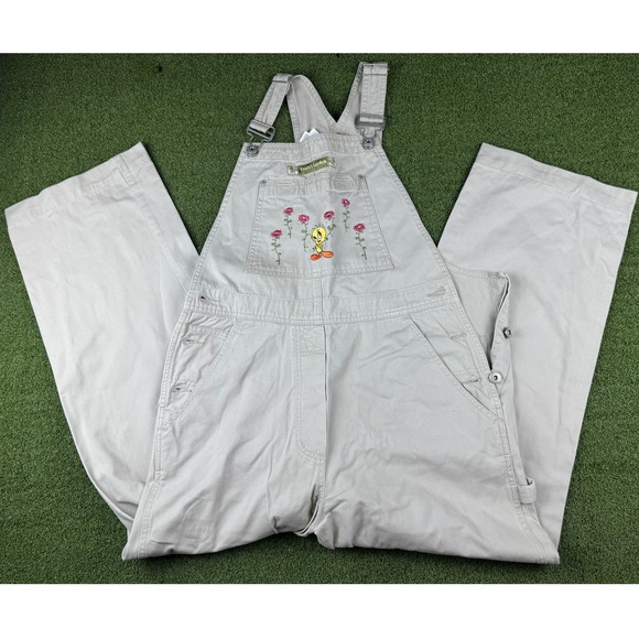 Warner Bros Studio Store Denim - Vintage 1999 Warner Bros Tweety Bird Overalls Tan Wide Leg Carpenter Womens S